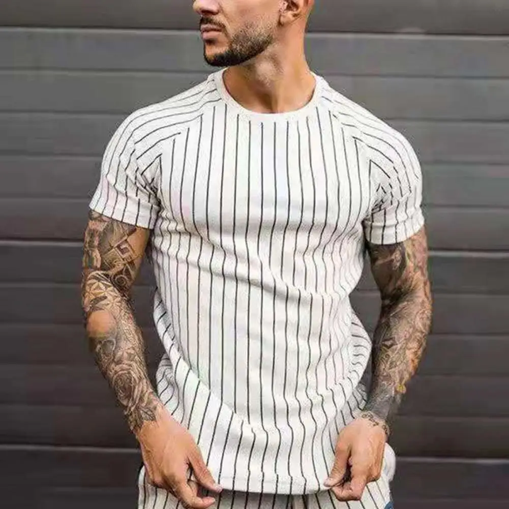 

Summer O Neck Men T-shirt Vertical Stripes Short Raglan Sleeve T-shirt Fashion Loose All Match Men T-shirt for Work