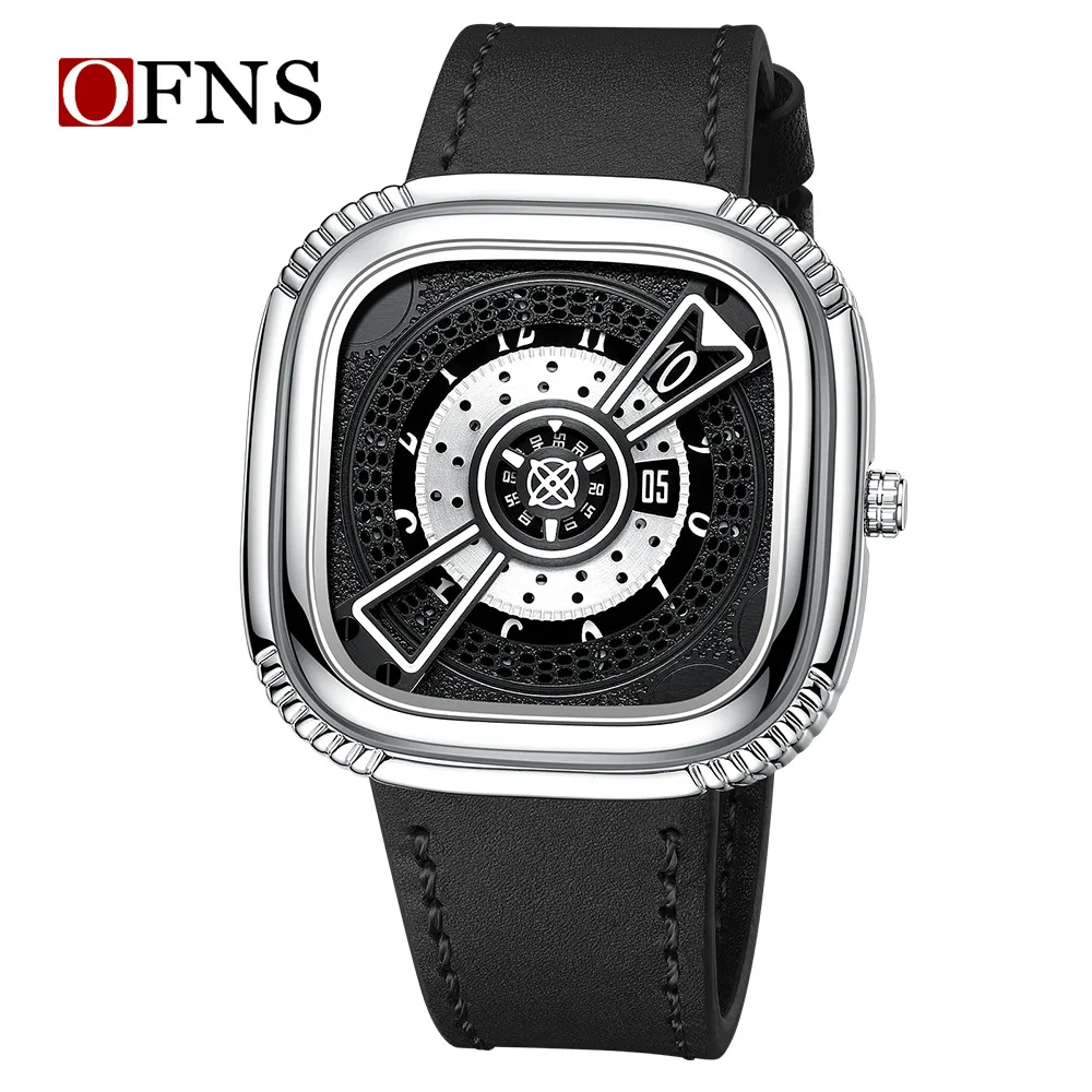 Фото Мужские кварцевые часы Fashion Ofns 1312 с креативным квадратным циферблатом в стиле скелетона, многофункциональные, водонепроницаемые, с ремешком из натуральной кожи. №4
