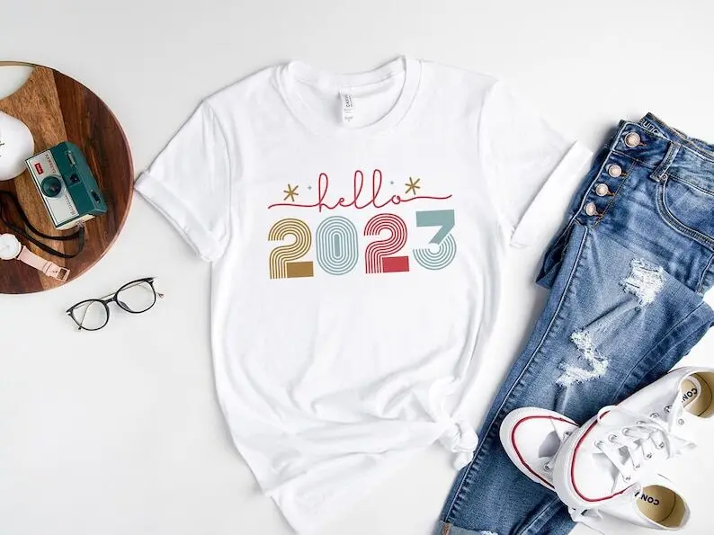 

Hello 2023, Happy New Year Shirt Cute Newyears Cute Party Outfit New Year Eve Count down Party Gift for Ladies Womens 100%Cotton