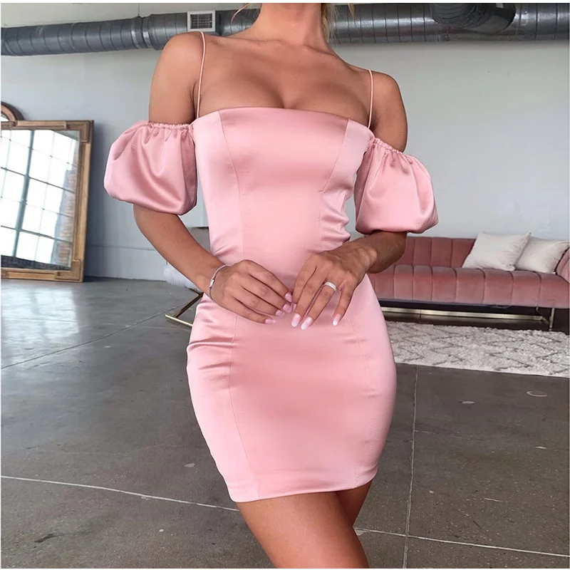

Elegant off shoulder 2021 Slim dress mujer robe vestido French romance party night lace up bodycon summer dresses women pink top