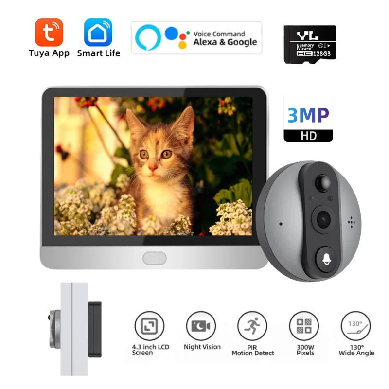 Фото Smart Life Беспроводная домашняя видеокамера дверного звонка Wi-Fi 2,4G 1080P Кольцевой звонок Дверной глазок Домофон Видео с экраном №1