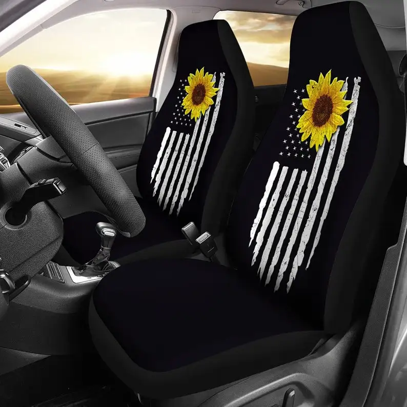 

Distressed American Flag Car Seat Cover with Rustic Sunflowers on Black Seat Protector