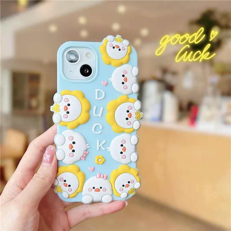 

Lovely Cartoon Duck 3D Case For iphone 14 13 12 11 Pro XS Max XR X SE2 7p 8p 6s 6p Plus Kids gift Cute Soft Silicone Phone Cover