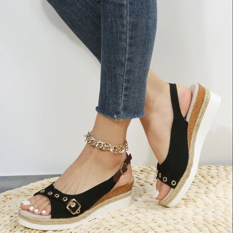 

2022 Fashion Buckle Peep Toe Women Sandals Wedges Comfort Lightweight High Heels Wear-resistant Women Office Wedding Sandals