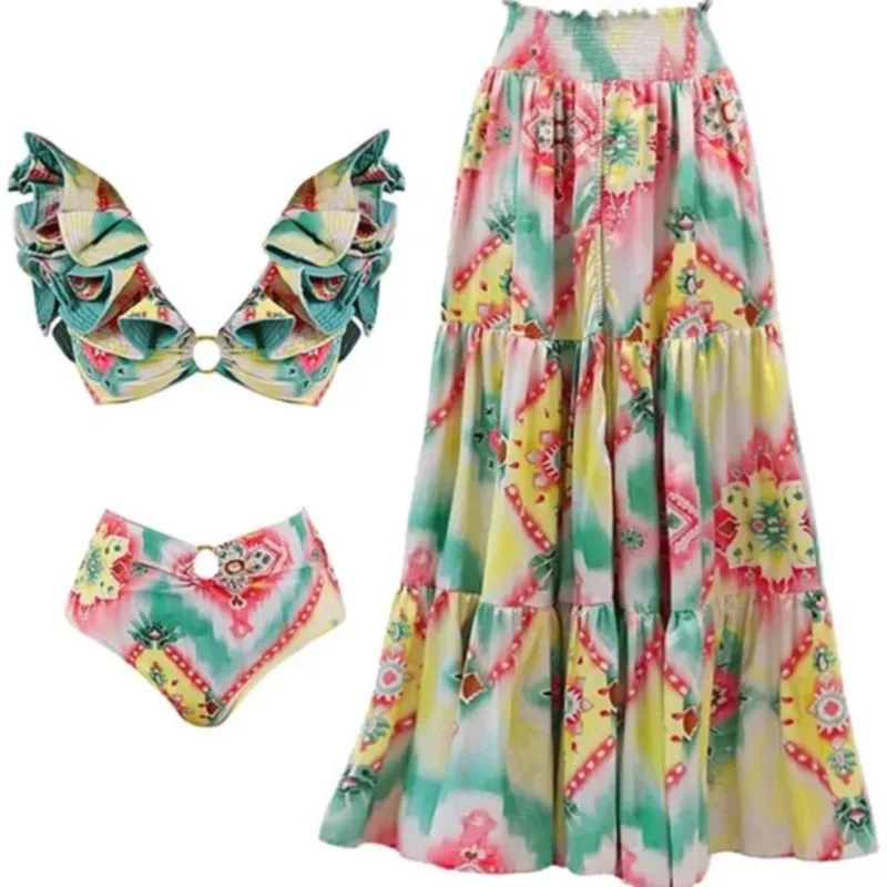 

Комплект бикини в стиле ретро, Модный Цельный купальник с принтом и накидка с юбкой, облегающий женский бандажный роскошный элегантный пляжный костюм на лето