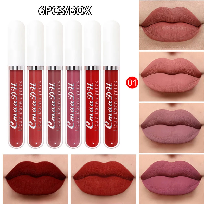 

New Velvet Matte 6PCS/set Lip Gloss Set Lip Makeup Long Lasting Liquid Lipstick Beauty Sexy Red Nonstick Cup Waterproof