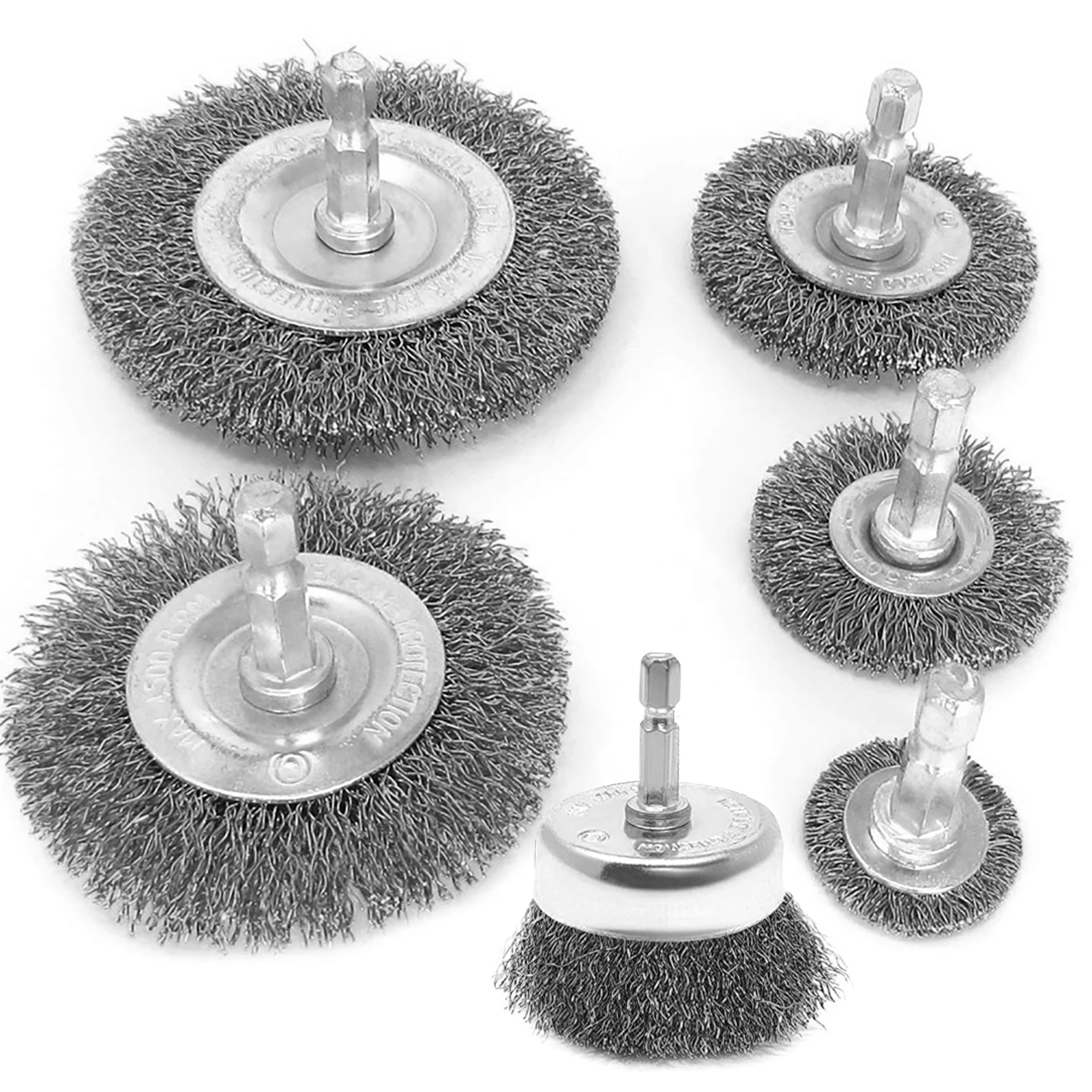 

6pcs Wheel Cup Brush Set Electric Drill Steel Wire Brush 1/4 Inch Arbor Crimped Mini Drill Attachment Cleaning Rust Accessories