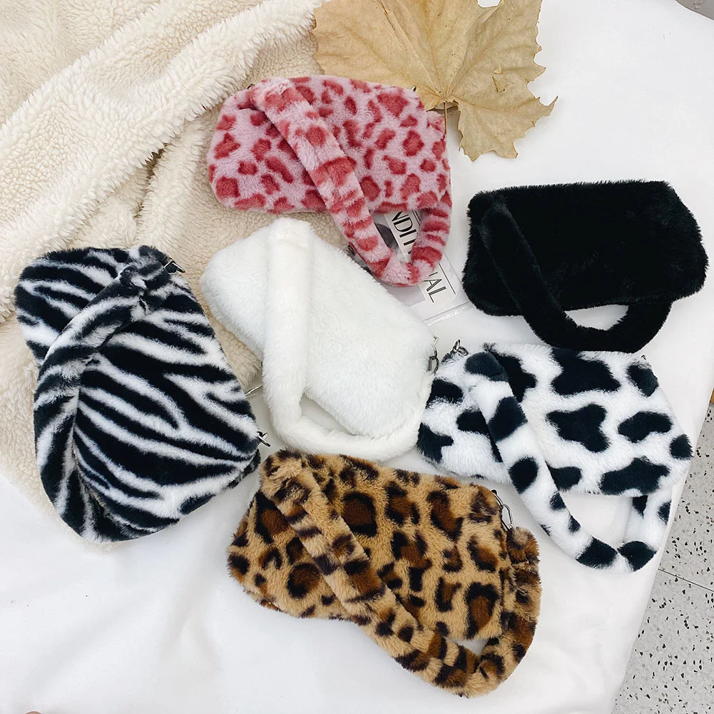 

Small Women's Bag Trend 2023 Designer Bag Plush Animal Print Faux Fur Shopper Purse Female Handbag Furry Shoulder Bag Tote Bag