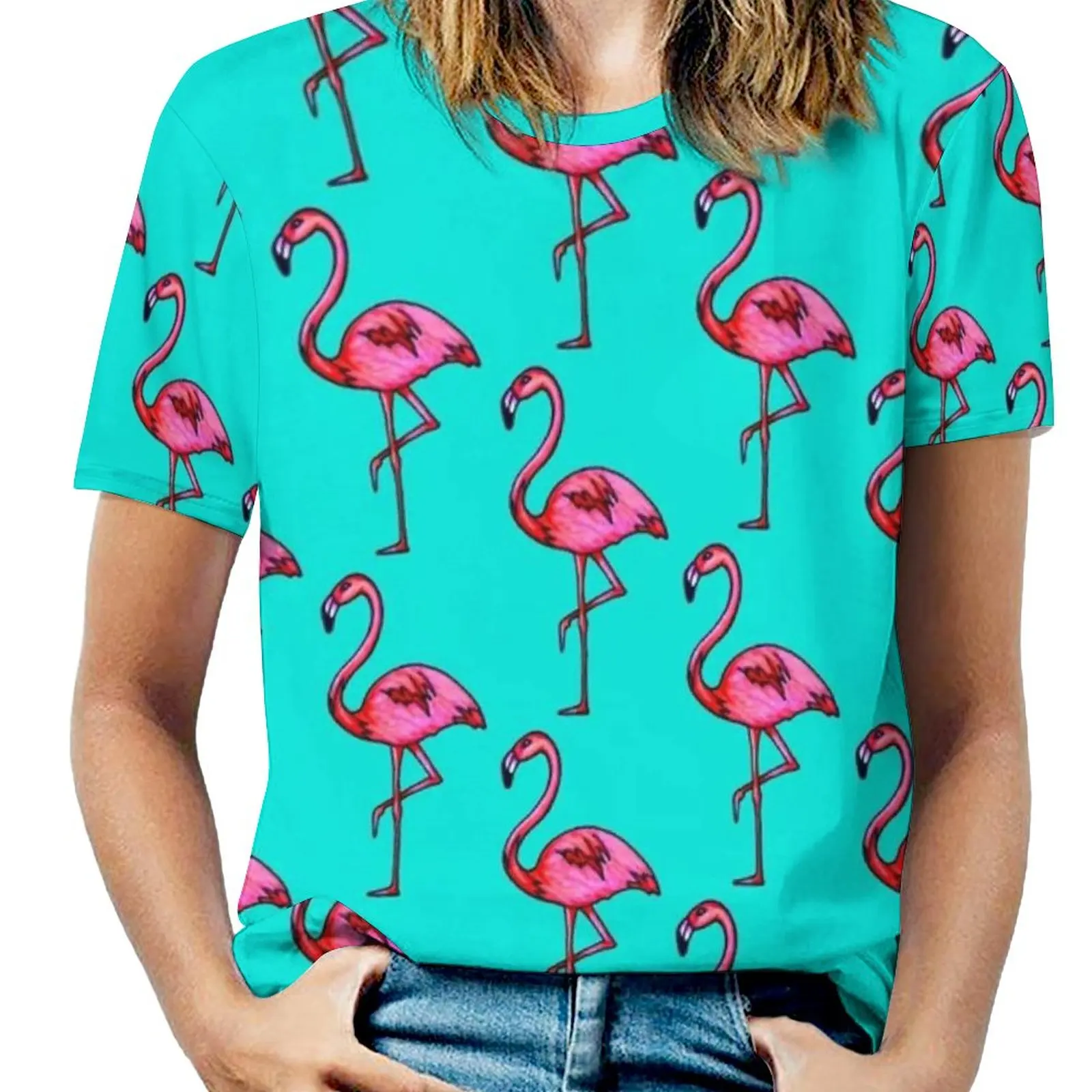 

Flamingo Fashion Print Women Ladies Girls T-Shirt Harajuku Round Neck Short Sleeve Tops & Tees Ink Flamingo Designer Cool Retro