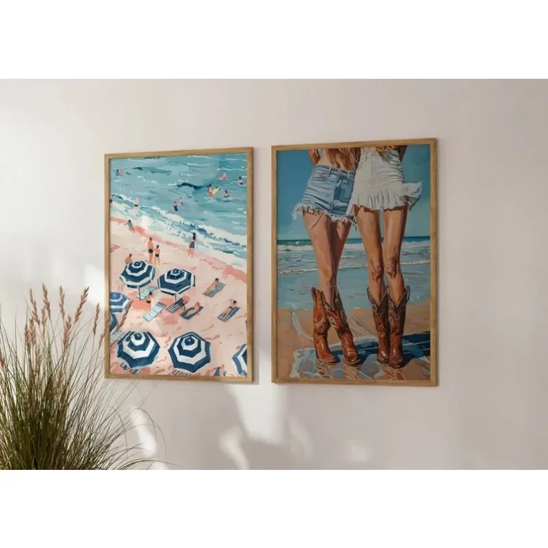 Blue Seaside Beach Sunshine Poster Coastal Cowgirl Teenage Girl Minimalist Avant-Garde Trend Room Decoration Canvas Wall Art