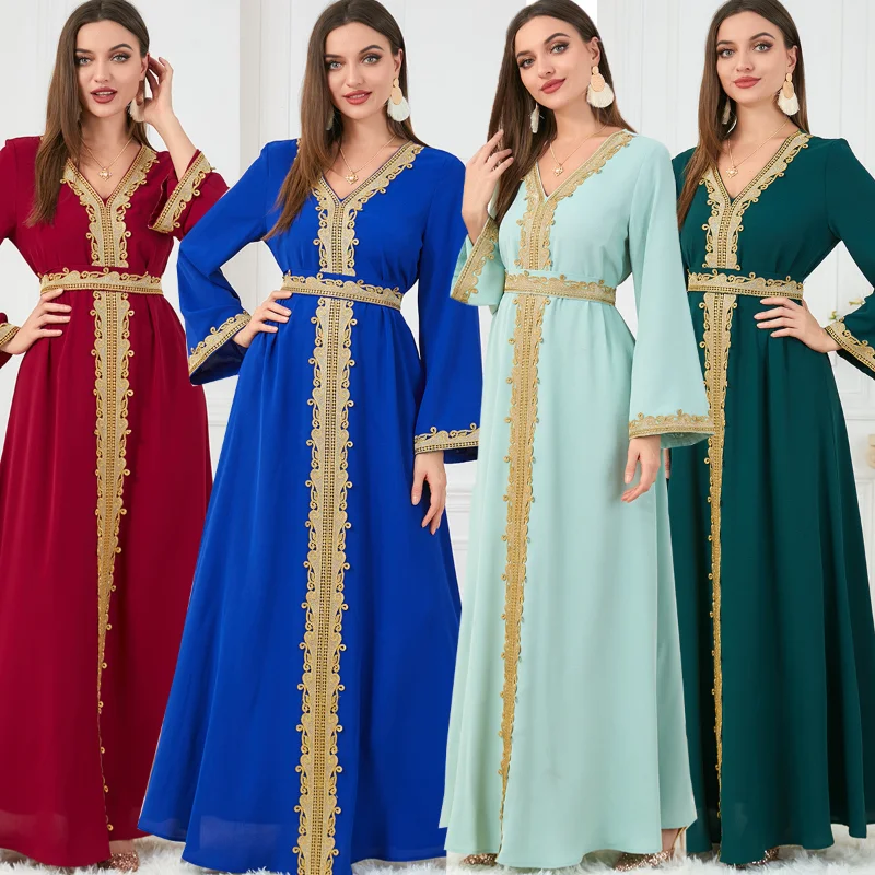 Muslim Woman Dress Dubai Abaya Elegant Lace Embroidery V-Neck Long Sleeve Party Maxi Dress Belted Kaftan Robe Turkey Wears