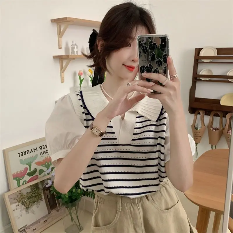 

Fake Two Piece Patchwork Korean Knitted Tshirts Puff Sleeve Women Turn-down Collar Ice Silk Tees Loose Striped Y2k Camisetas