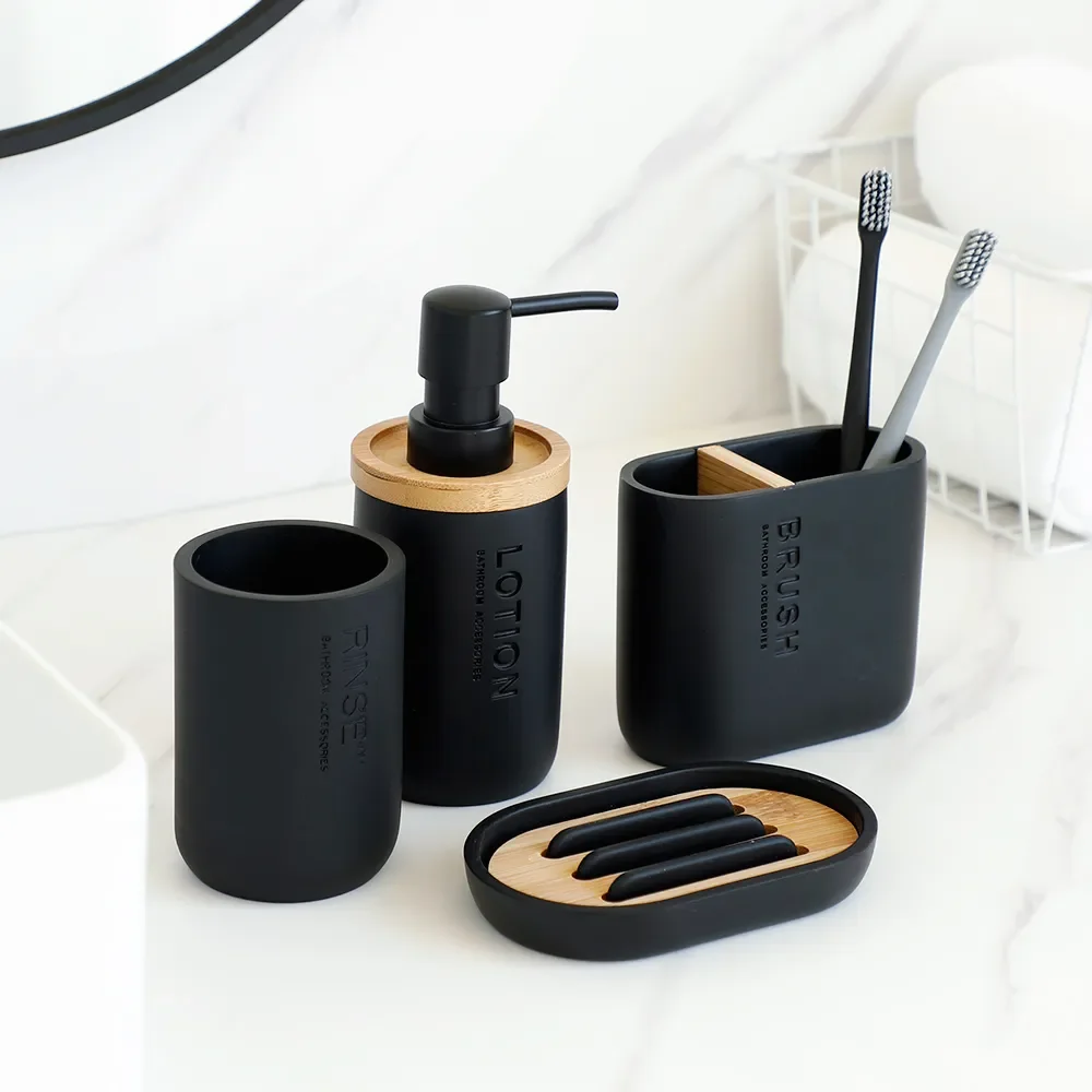 

Soap Lotion Accessories Or Toothbrush Bathroom Holder Dish Wood Cup Dispenser Bottle Tumbler Black Soap White Pump