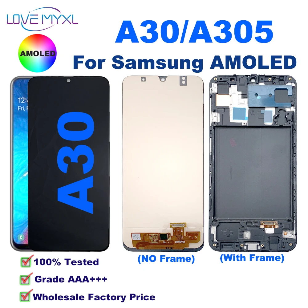 

ЖК-дисплей AMOLED для Samsung Galaxy A30 A305, цифровой преобразователь сенсорного экрана с рамкой в сборе, запасные части, ремонт