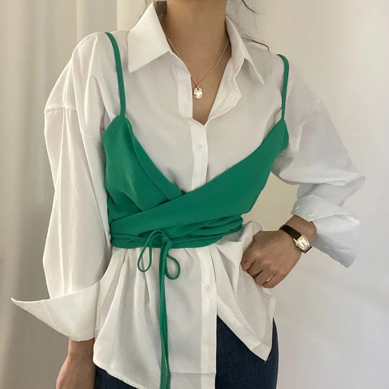 SuperAen корейский шик Ранняя осень ниша дизайн отворот с длинным рукавом рубашка карамельного цвета ремень талии ремень жилет рубашка для жен...