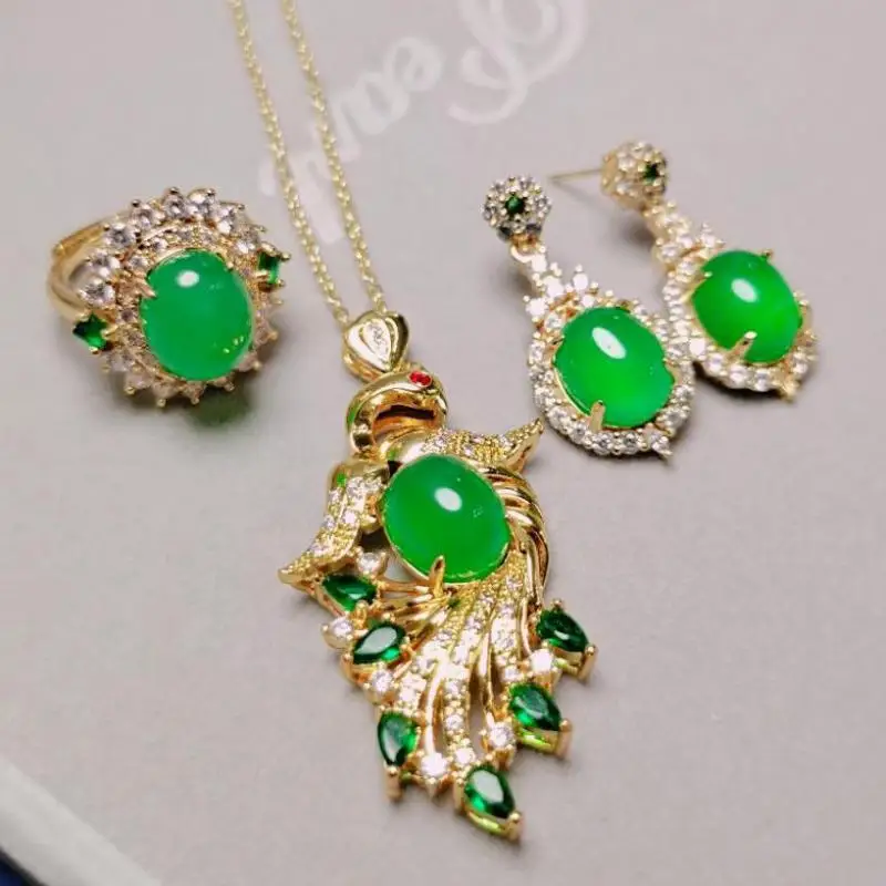 

Women Genuine Natural Green Jade Earrings Ring Pendant Necklace Jewelry Set Chrysoprase Peacock Charms Chalcedony Amulet Gifts