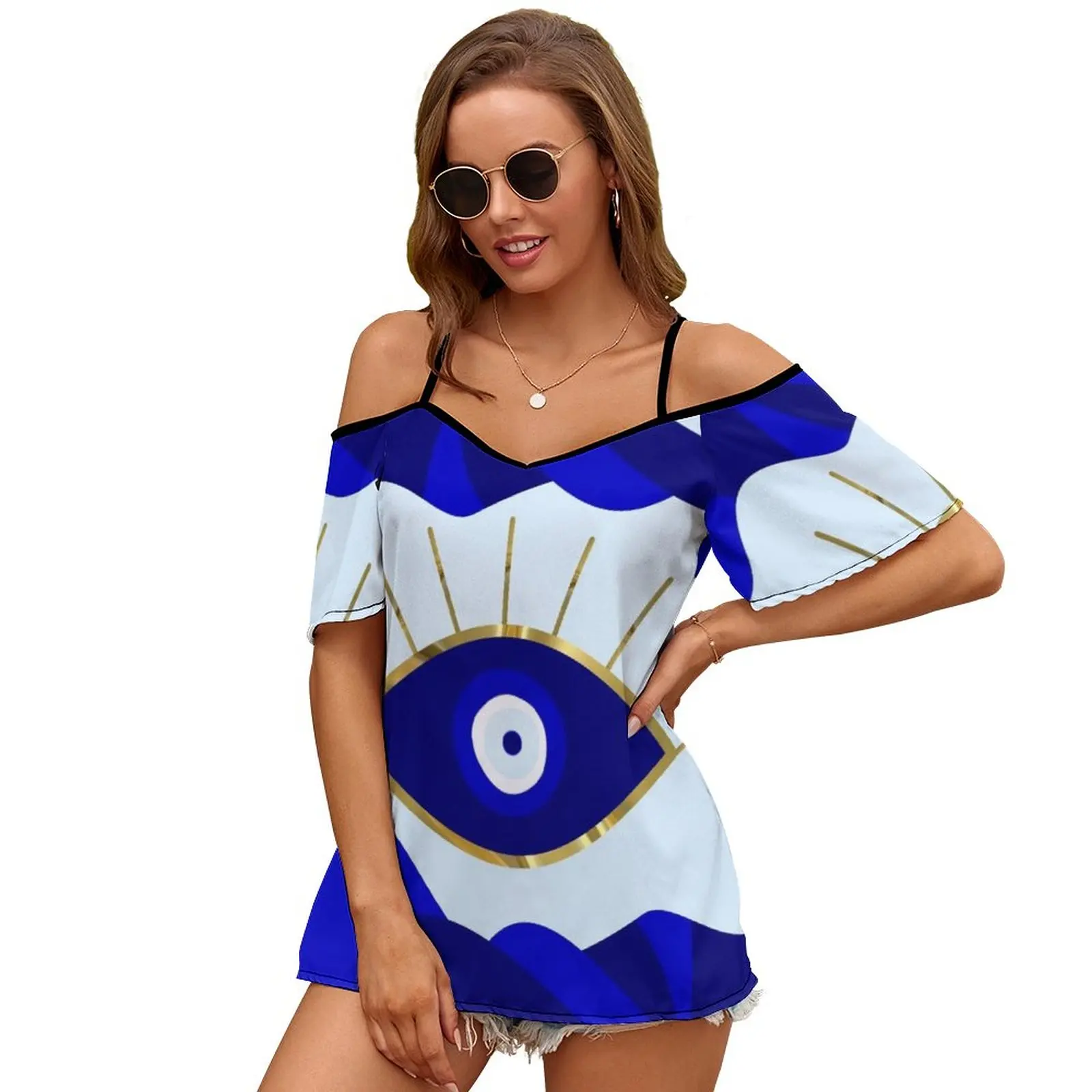 Lava All Seeing Blue Evil Eye Новая мода Топ с открытыми плечами на молнии короткими рукавами