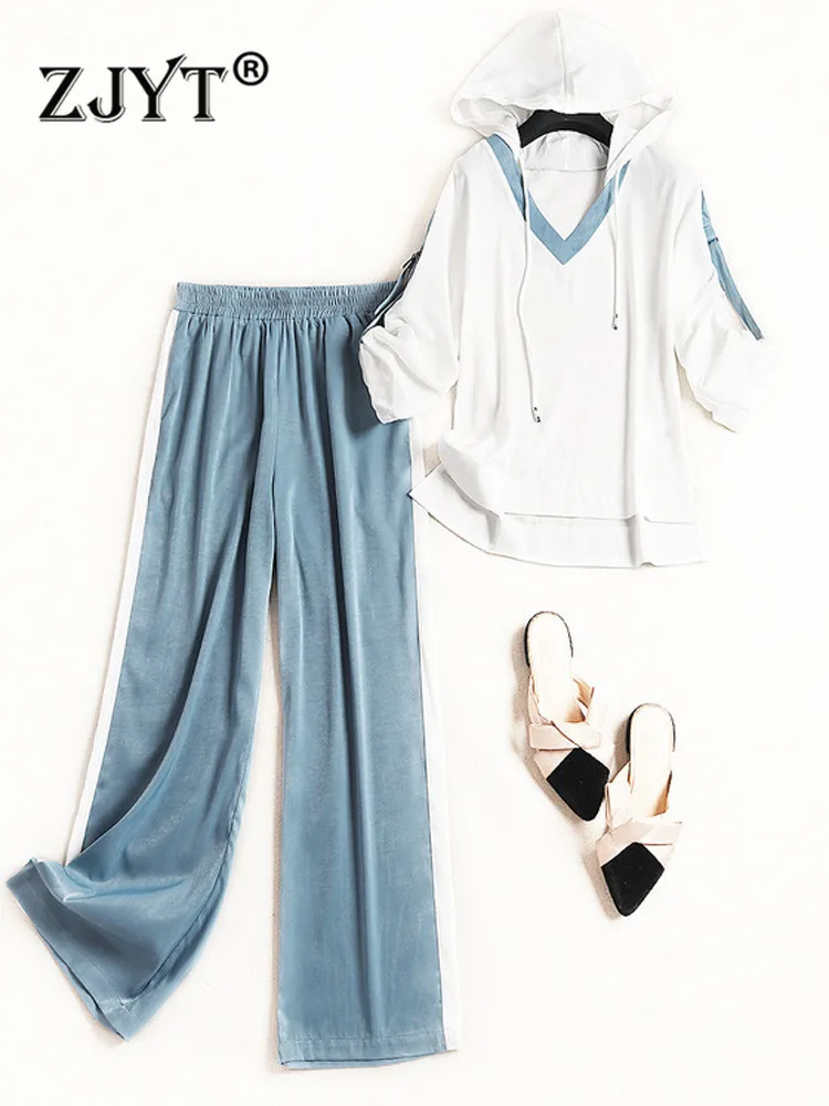 

Модная женская уличная одежда ZJYT, летний дизайнерский атласный Свободный Топ с капюшоном и воротником и брюки, комплект одежды из 2 предмето...