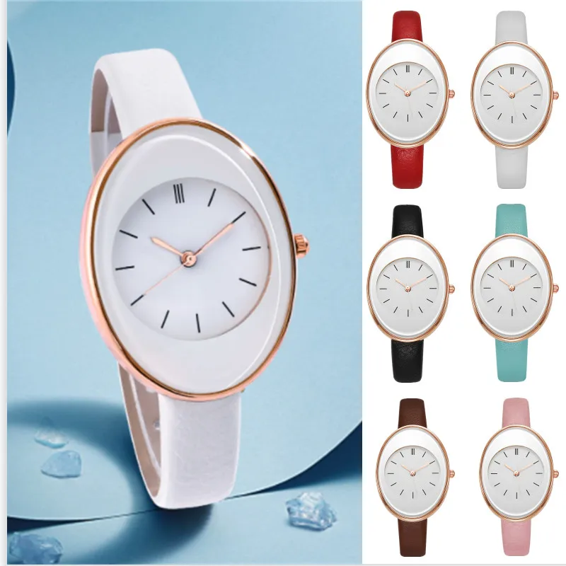 

New Watches Creative Color Leather StrapQuartz Watch Simple Oval Dial Women Wrist Accessories