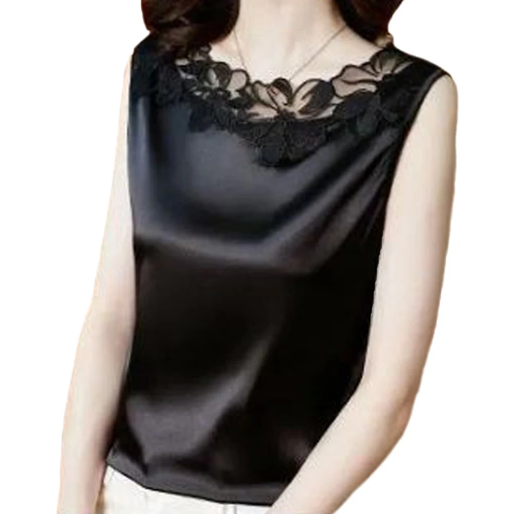 

Women's Sleeveless Top Vest Satin Lace Sexy Blouse Black White Woman Clothes Bottoming Shirts Camis Crop Camisole