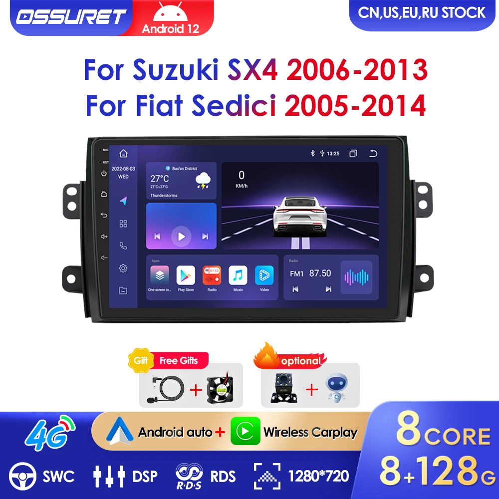 

2din Android 12 GPS for Suzuki SX4 Fiat Sedici 2005-2013 Car Auto Carplay Audio Automotivo RDS Stereo Multimidia Player AI Voice