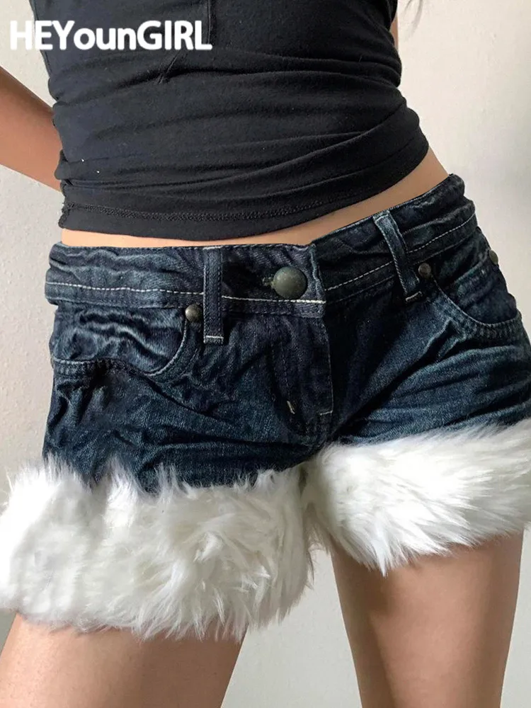 

Женские джинсовые шорты HEYounGIRL с мехом, шикарные повседневные темно-синие винтажные джинсовые шорты с низкой талией Y2K, женская уличная одеж...