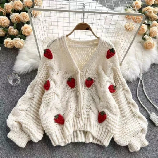 

Strawberry White Lady Knitting Girl Woman Blouse Shirt Women Sweater Cardigan Knit Fall Tops Women's Sweaters Coat Cloth Suétere