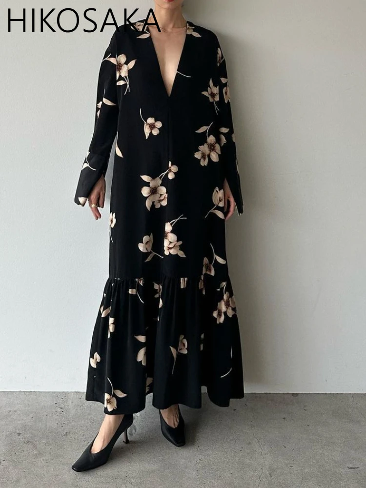 Женское винтажное платье с цветочным принтом Длинное свободное глубоким