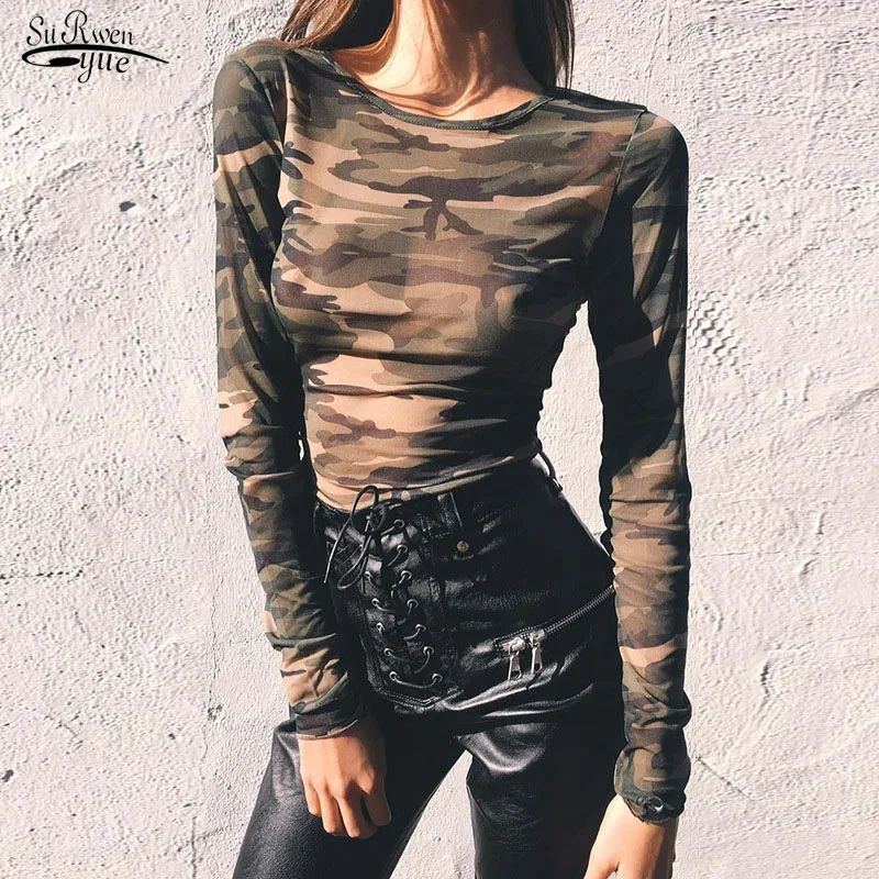 

Fashion Camouflage Print T-shirt Long Sleeve Summer Tops Spring 2022 Mesh Tops Women Tees O-neck Slim Fit Clothes Blusas 20022