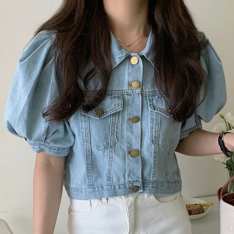 

Korean Style Puff Sleeve Tops Elegant Retro Blue Jean Slim Crop Shirts Women 2021 Summer Women Vintage Square Neck Denim T-shirt