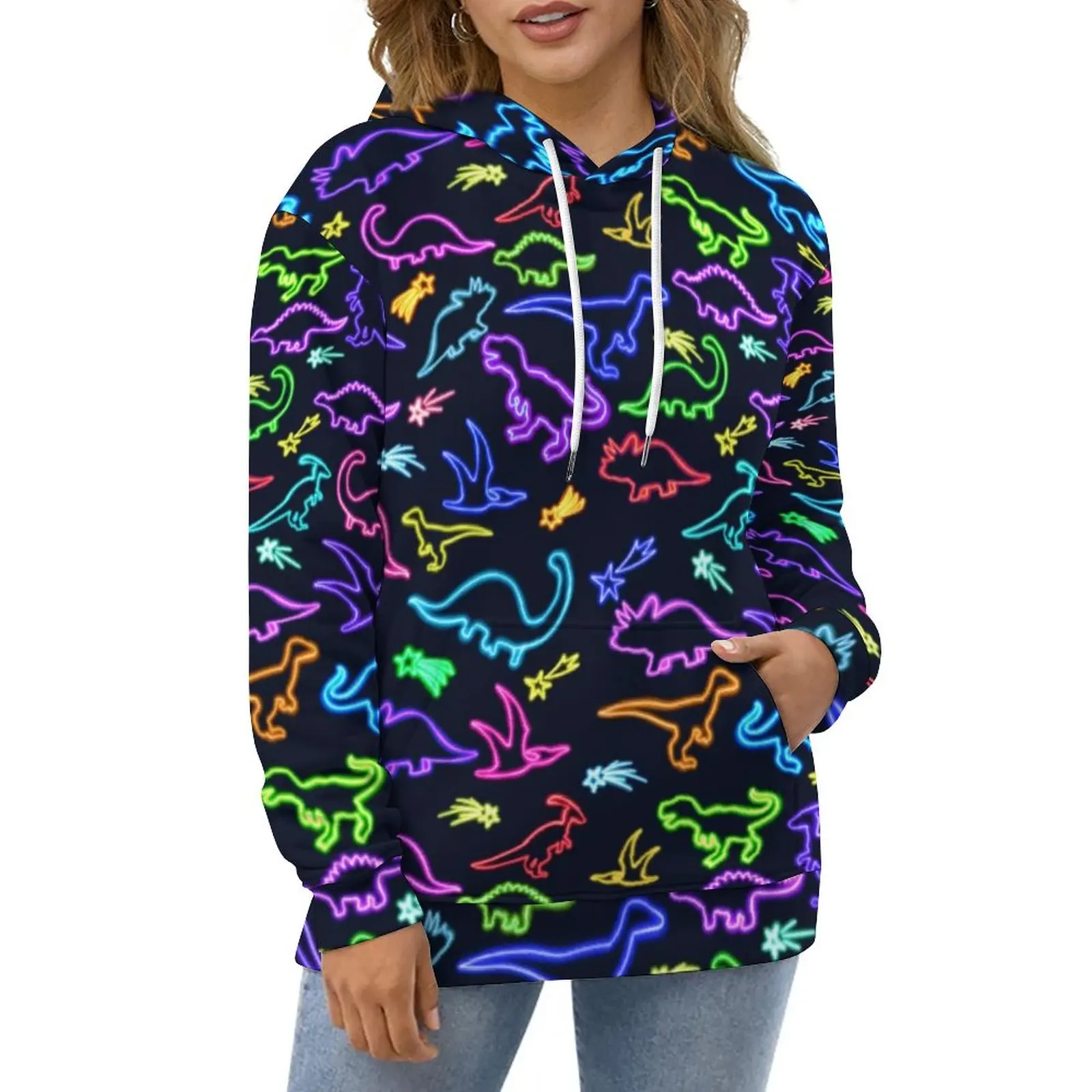 

Худи женское оверсайз с длинным рукавом, Модный повседневный свитшот с неоновым принтом динозавра, в стиле хип-хоп, осень