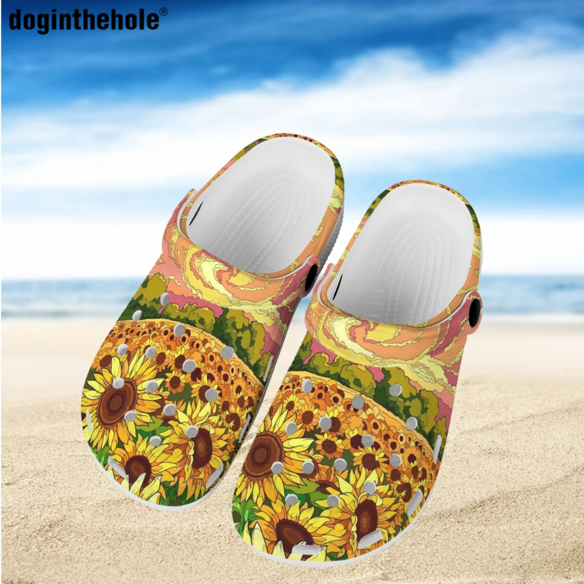 

Art Sunflower Pattern Print Hole Shoes for Women Summer Light Comfort Garden Clogs Outdoor Beach Non-slip Slippers Wading Sandal