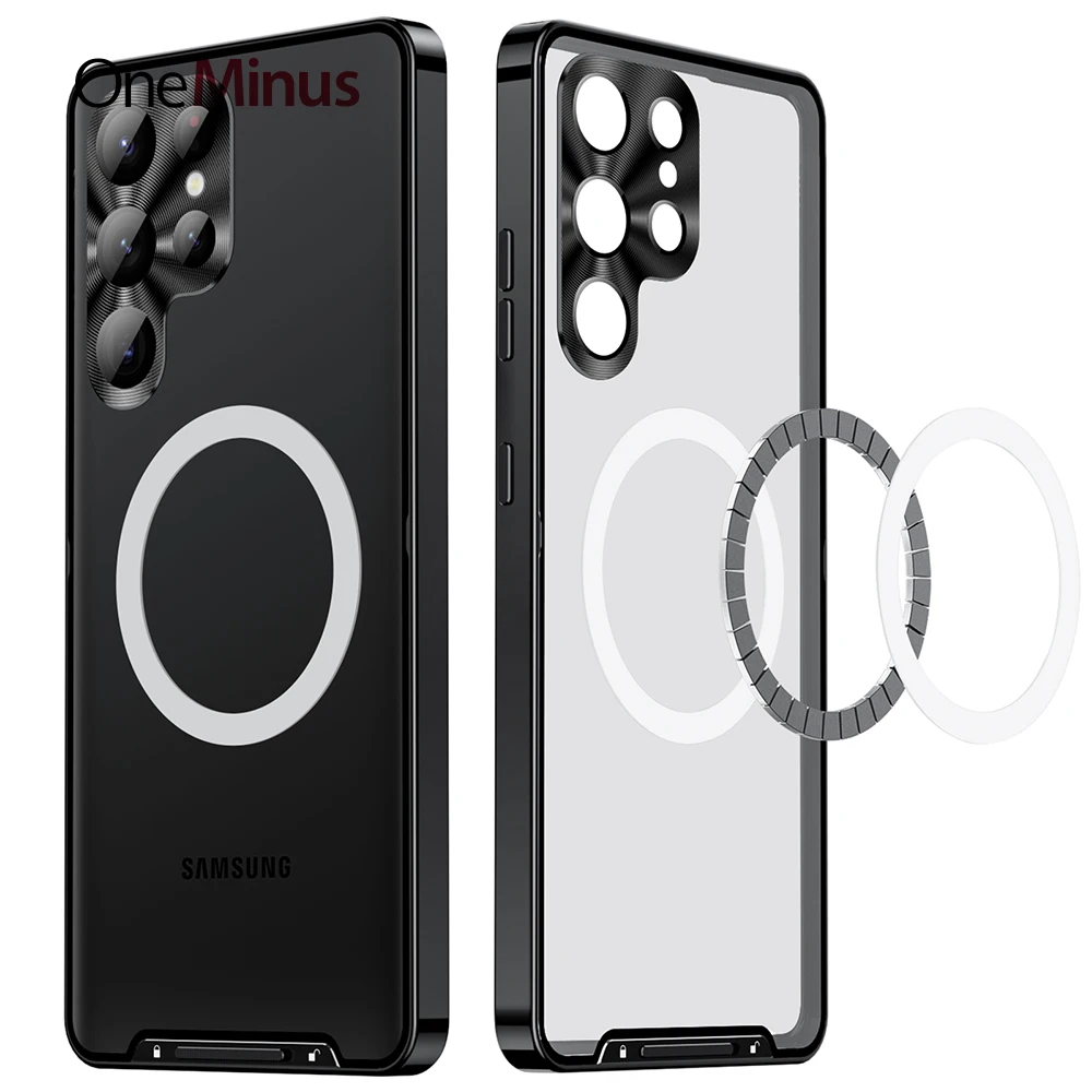 Metal Cover For Galaxy S23 Ultra Case FE S22 Plus Aluminum Frame Translucent Frosted Magnetic Core Back Built-in Lens Protector