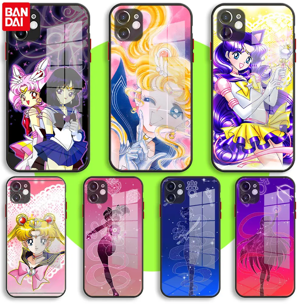 

BANDAI Black Soft Glass Case For iPhone 13 11 12 Mini Pro Max XS XR X 7 8 6 Plus SE2 Silicone Cover Sailor Moon crystal
