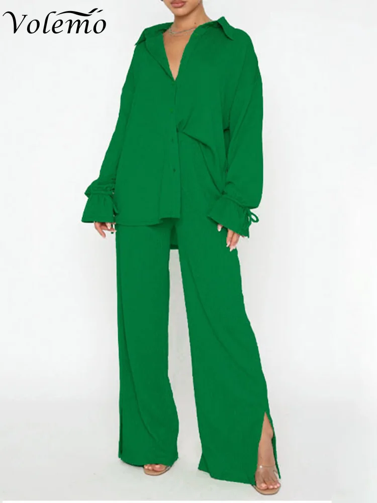 

Large Size Homewear Women Elegant Pleated Two Piece Set Loose Long Sleeve Blouses and High Waist Wide Leg Pants Female Outfits