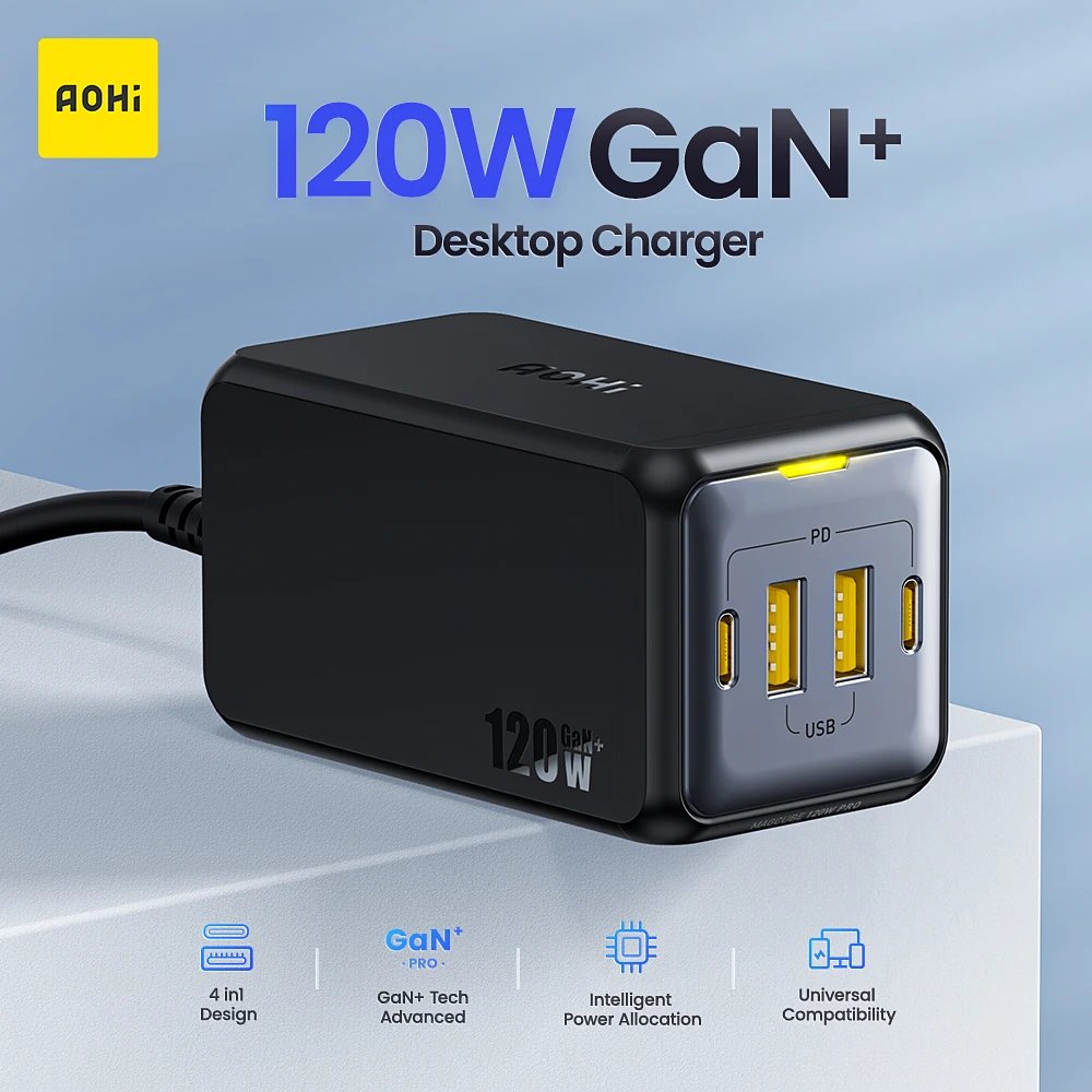 AOHI 120W USB C Charger GaN Desktop Charger 4-Port Fast Charge Charging Station for iPhone 14 MacBook Pro Laptop Tablet Charger