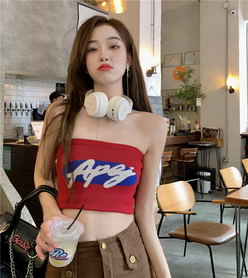 

American style one shoulder Strapless chic top female summer sweet spice girls wear red chest wrapped small suspender vest insid