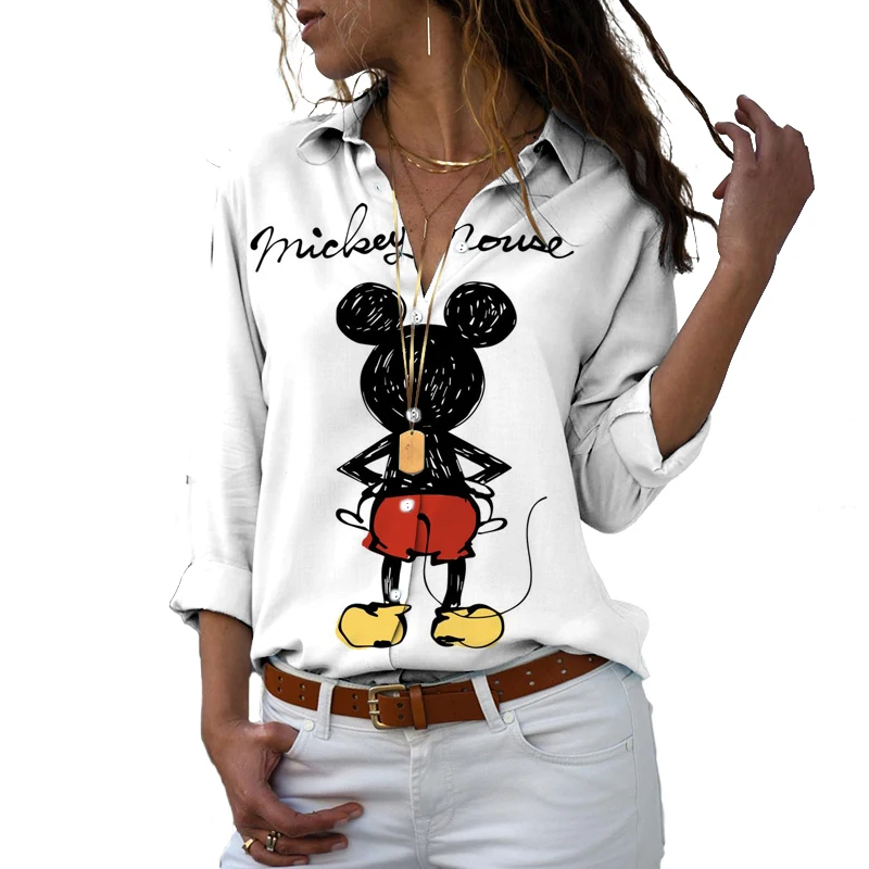 Chemise boutonnée à simple boutonnage pour femme manches longues coupe couvertes impression 3D Minnie Harajuku revers-decon