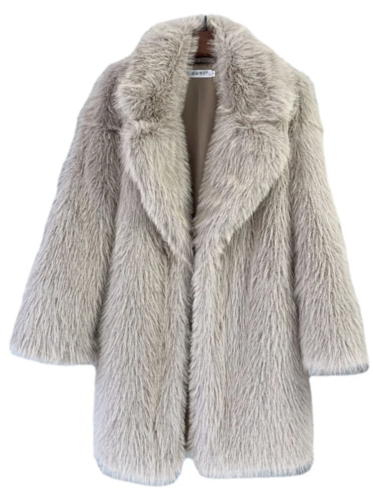 Fashion Suit Collar Loose Faux Fur Mid-length Coat Women 2022 Winter Elegant Furry Fur Outwear Casual High Street Teddy Coats