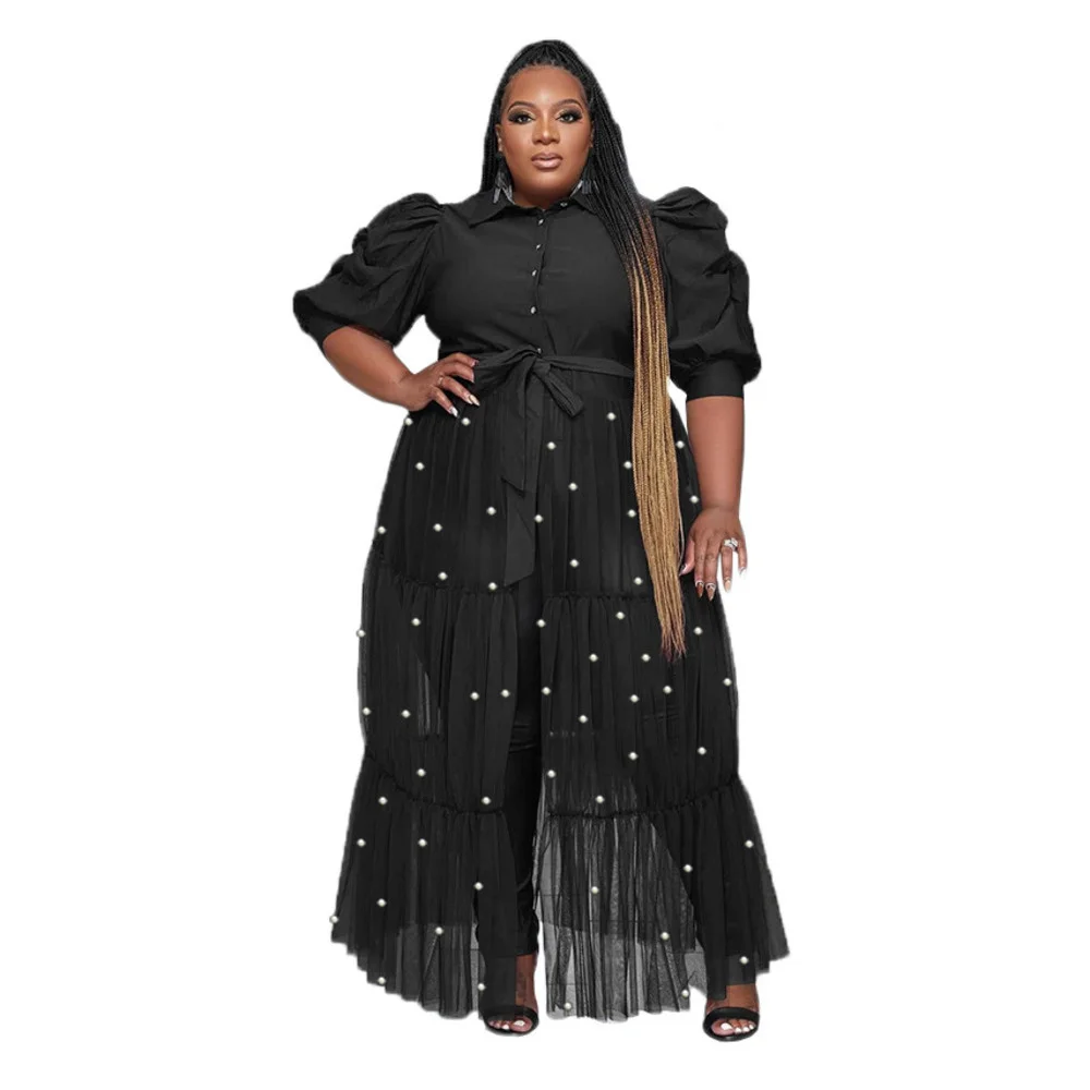 Plus Size Women Casual Dress Fashion Pearls Turn Down Neck Short Sleeves Ladies Shirt Dresses with Beading 3xl 4xl 5xl 6xl