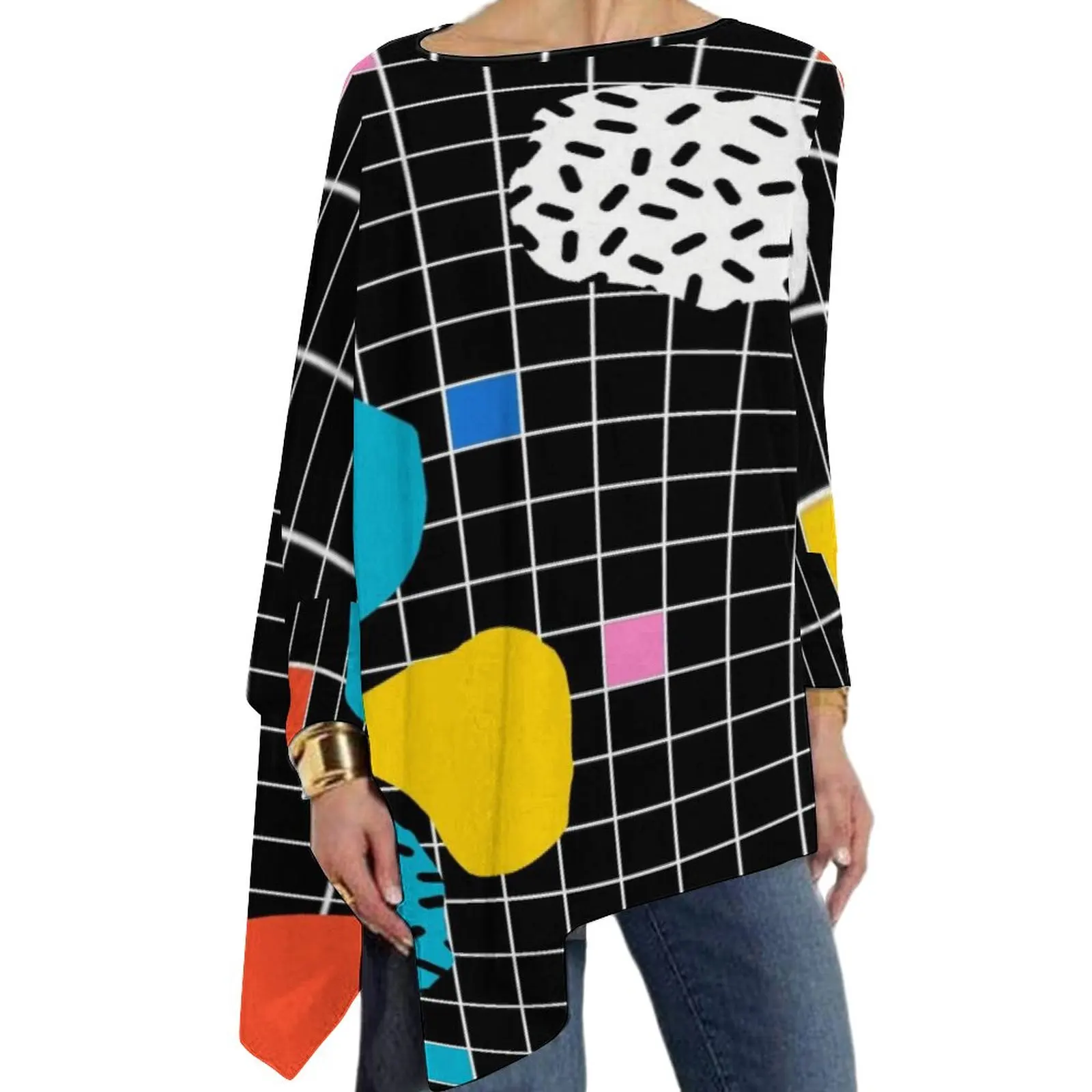

Memphis T-Shirt Grid Minimal 80s Vibes Loose Long Sleeve T Shirts Printed Trendy Tee Shirt Woman Spring Clothes Plus Size