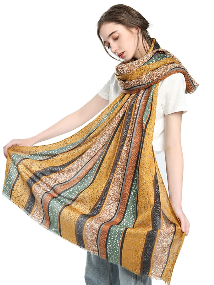 

Elegant Women Silk Scarf Beach Wrap Shawls Sparkly Gold Striped Print Lady Sunscreen Bandana Hijab Mujer Bohemian Scarve Pareo