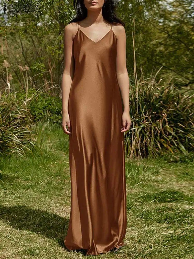 

ZANZEA Women Summer Solid Satin Dress Sleeveless V-Neck Ankle Length Evening Party Prom Gown Robe Elegant Holiday Loose Sundress