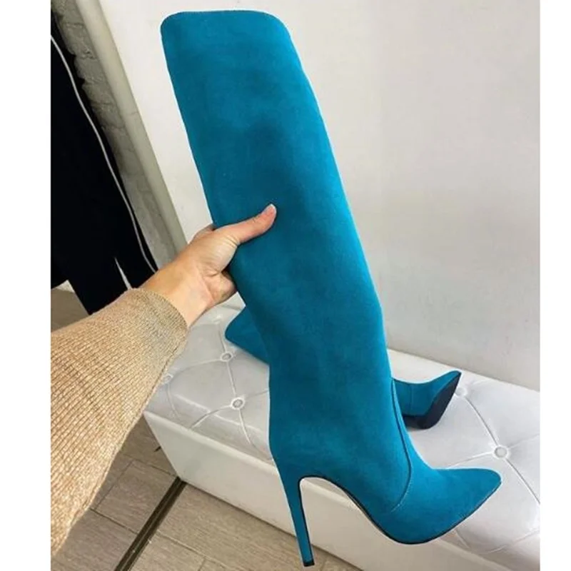 Blue Suede Knee High Boots Stilettos Thin High Heel Sexy Pointed Toe Fashion Women Boots Flock  Zipper High Heel Dress Boots