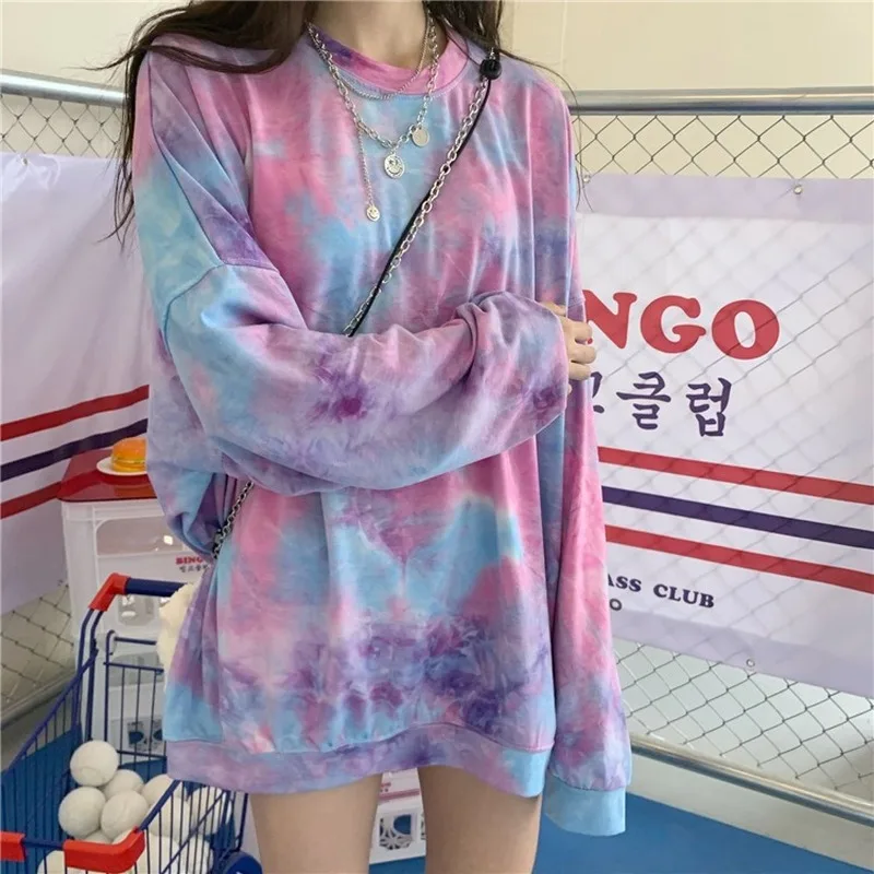 

Indie Tie-dye Print O Neck T Shirts Women Spring Autumn Y2k Fashion Long Sleeve Loose Tops 2023 Plus Size Vintage Casual Tees