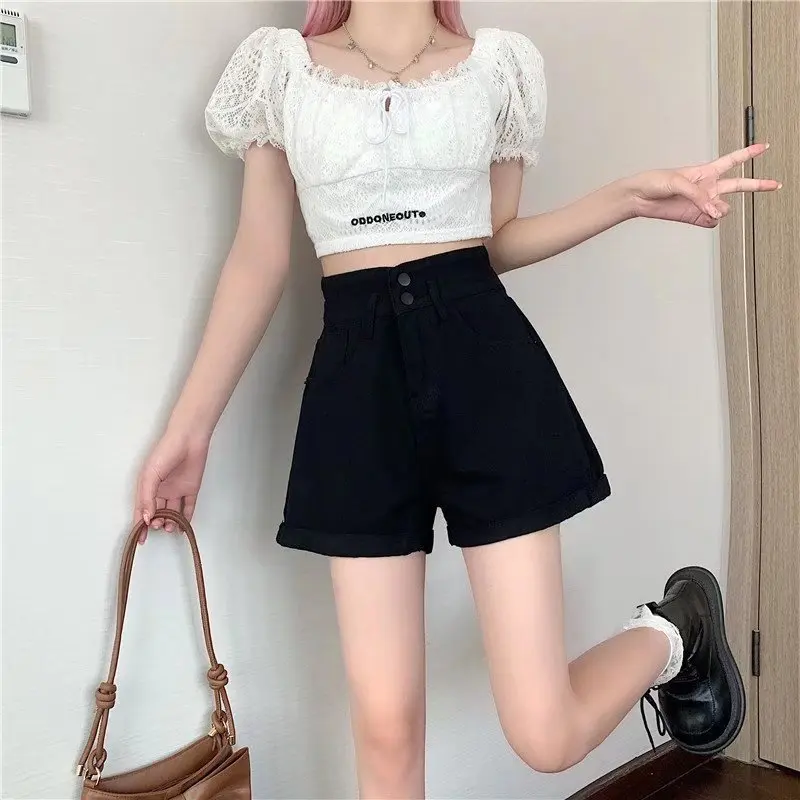 Sexy Denim Shorts For Women 2023 Summer New High Waisted Loose Shorts Double Button Cotton Shorts White Wide Leg Hot Pants S-5XL