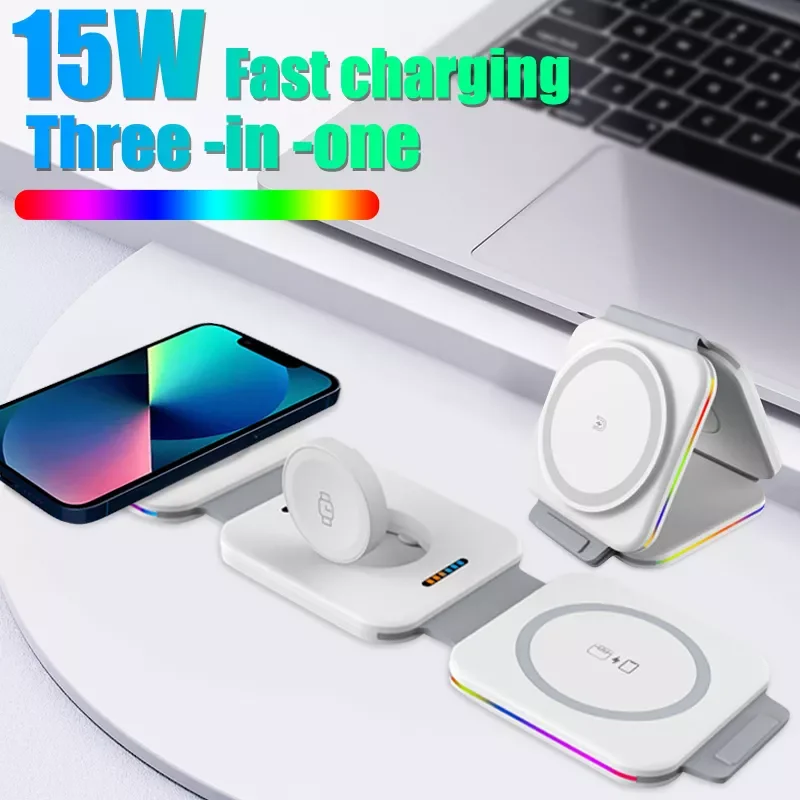 

Foldable 3 In 1 Wireless Charger Pad Qi 15W 14/13/12/11 Pro Max 7/6/5 LED Charging Station