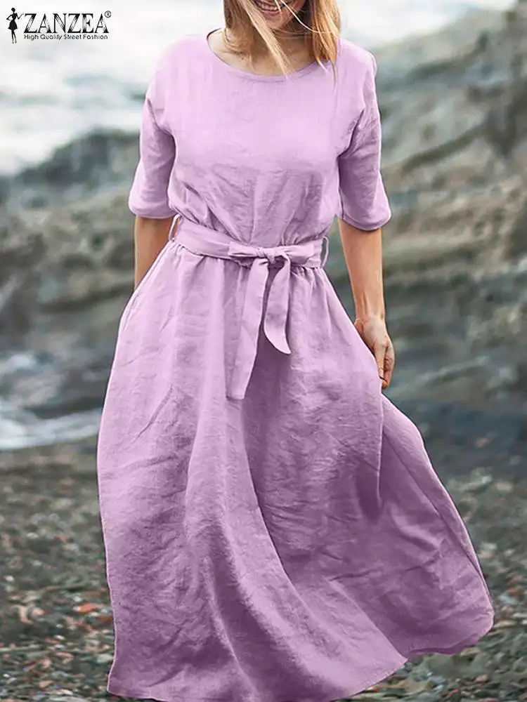 

Модель 2022 года, модный элегантный свободный сарафан ZANZEA, женское летнее однотонное платье с поясом, платья до колена с полурукавом и круглым...