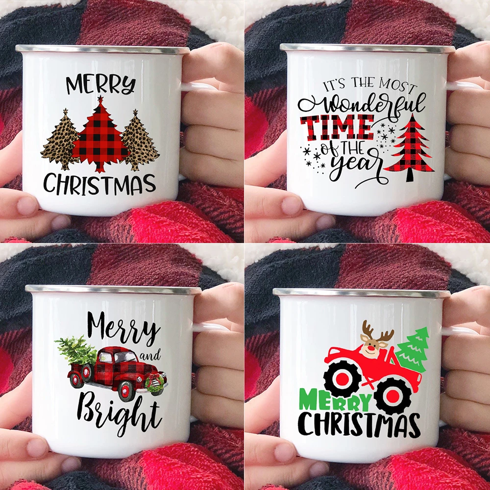 

Home Party Beer Cola Drink Juice Mug Kitchen Drinkware Xmas Gifts Cartoon Christmas Tree Enamel Coffee Mugs with Handle Cups