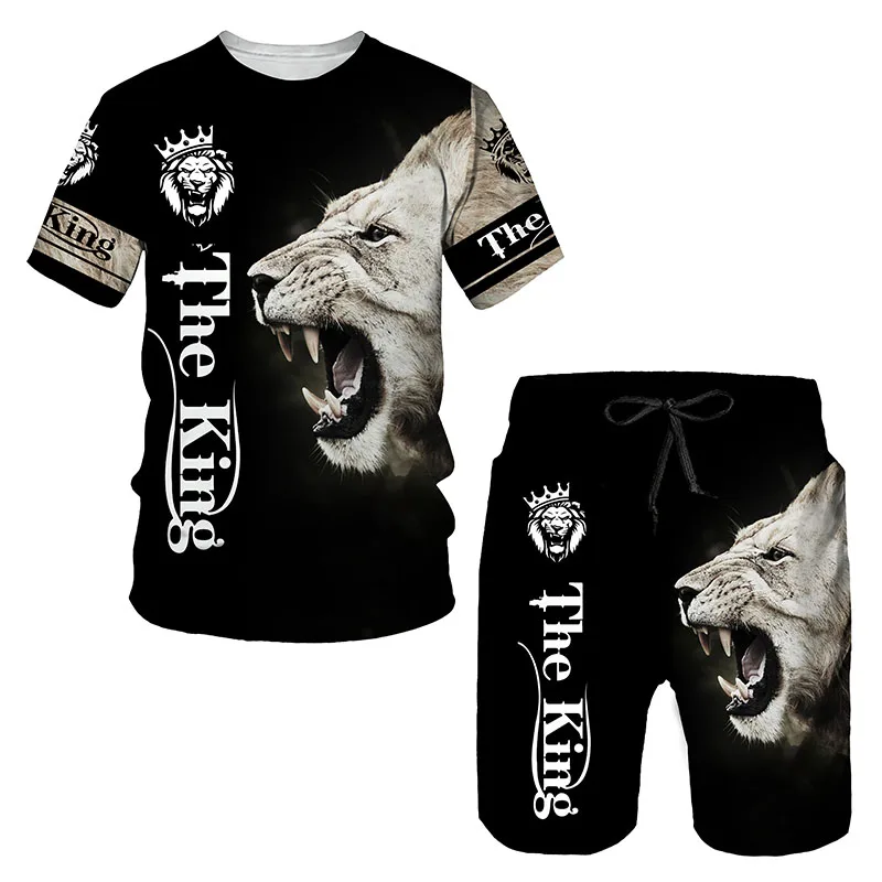 Summer Men's Casual Street Beach Shorts Set 3D Printed Color Animal Lion Wolf Pattern Crew Neck Short Sleeve Two-piece Set